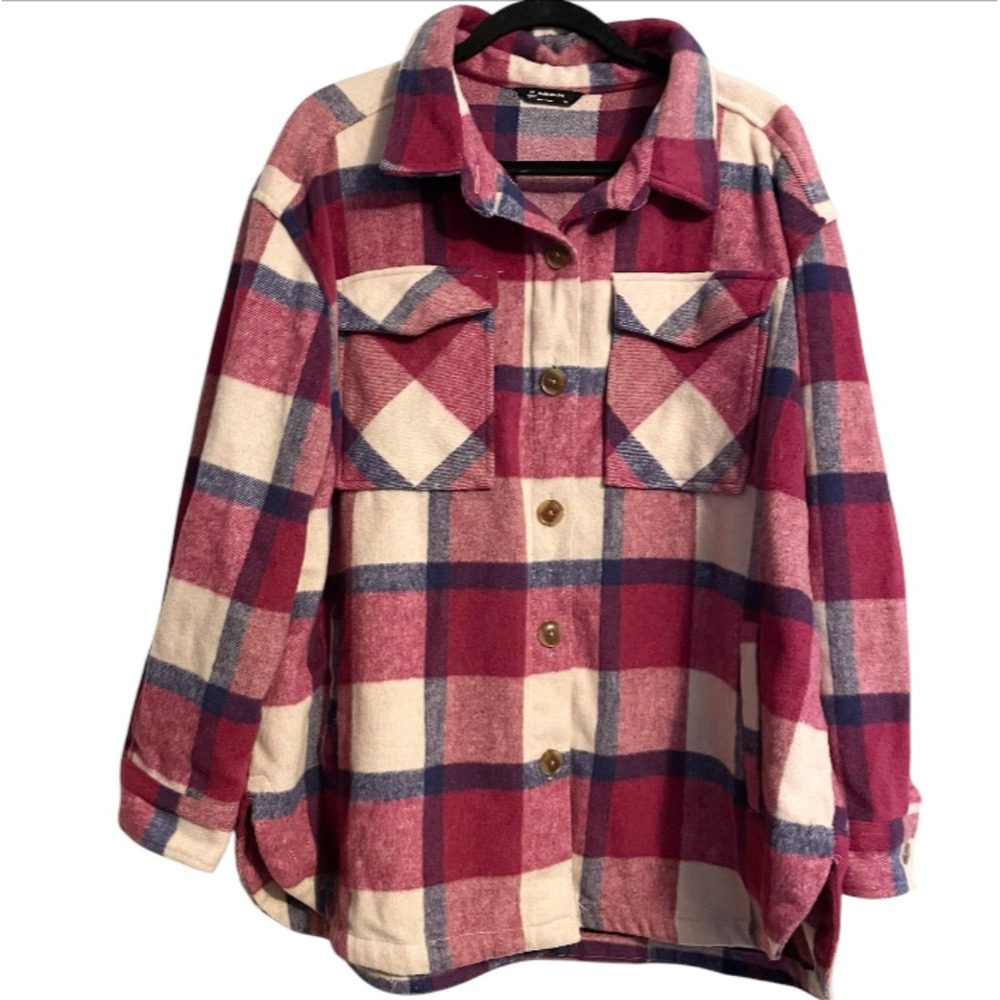 Members Mark Plaid Shacket Overshirt Button Front Pockets Pink XXL Workwear Warm